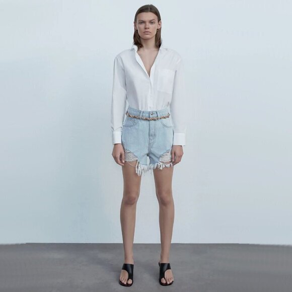 NWT Zara blue wash ripped high waist denim jean shorts - Picture 3 of 9